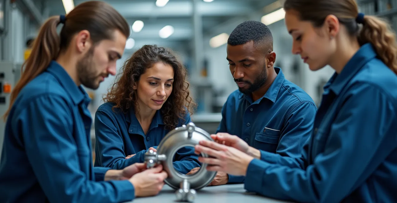 Équipe diverse collaborant dans un atelier de production aéronautique
