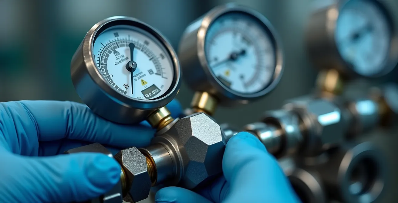 Technicien inspectant un réservoir d'hydrogène haute pression