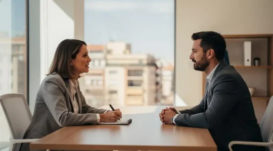 Consultant en recrutement menant un entretien professionnel avec un candidat dans un bureau moderne en Espagne