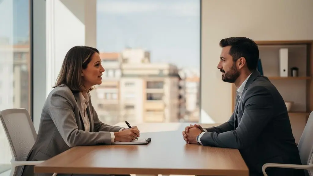 Consultant en recrutement menant un entretien professionnel avec un candidat dans un bureau moderne en Espagne