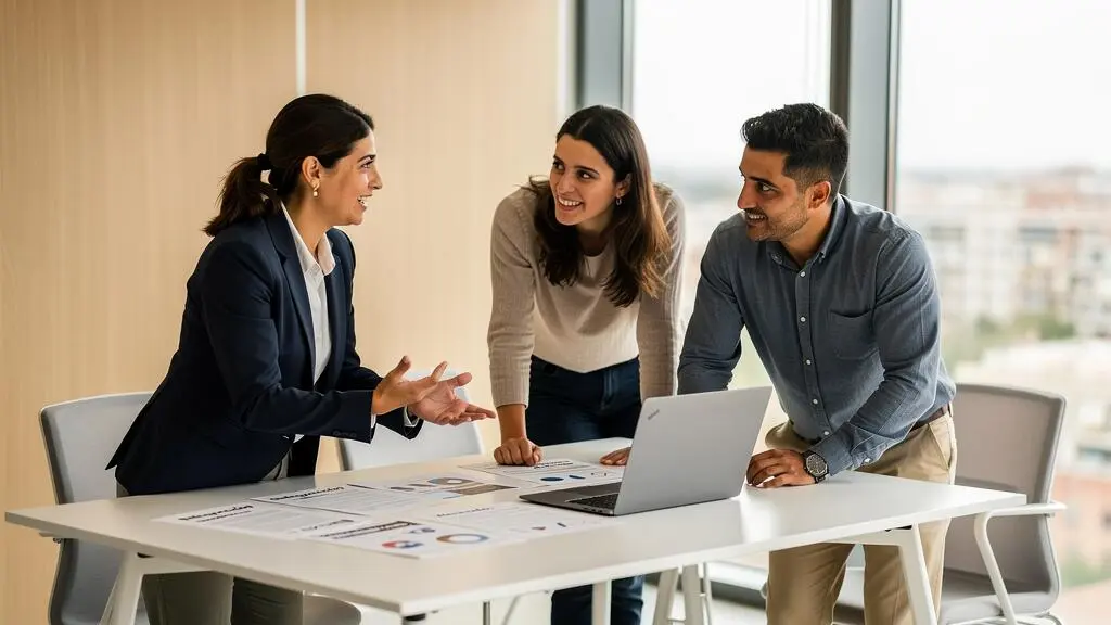 Session d'intégration professionnelle avec une responsable RH et de nouvelles recrues dans une entreprise espagnole