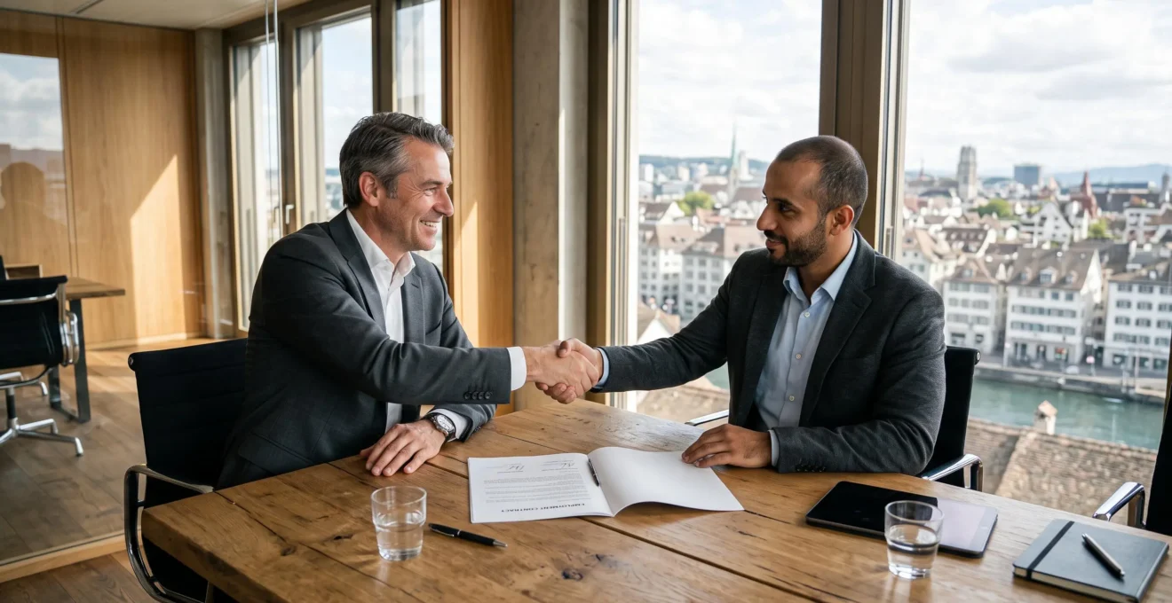 Un consultant et un entrepreneur se serrent la main au-dessus d'un contrat dans un bureau suisse.
