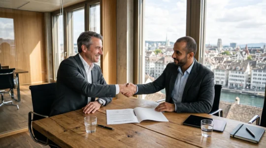 Un consultant et un entrepreneur se serrent la main au-dessus d'un contrat dans un bureau suisse.