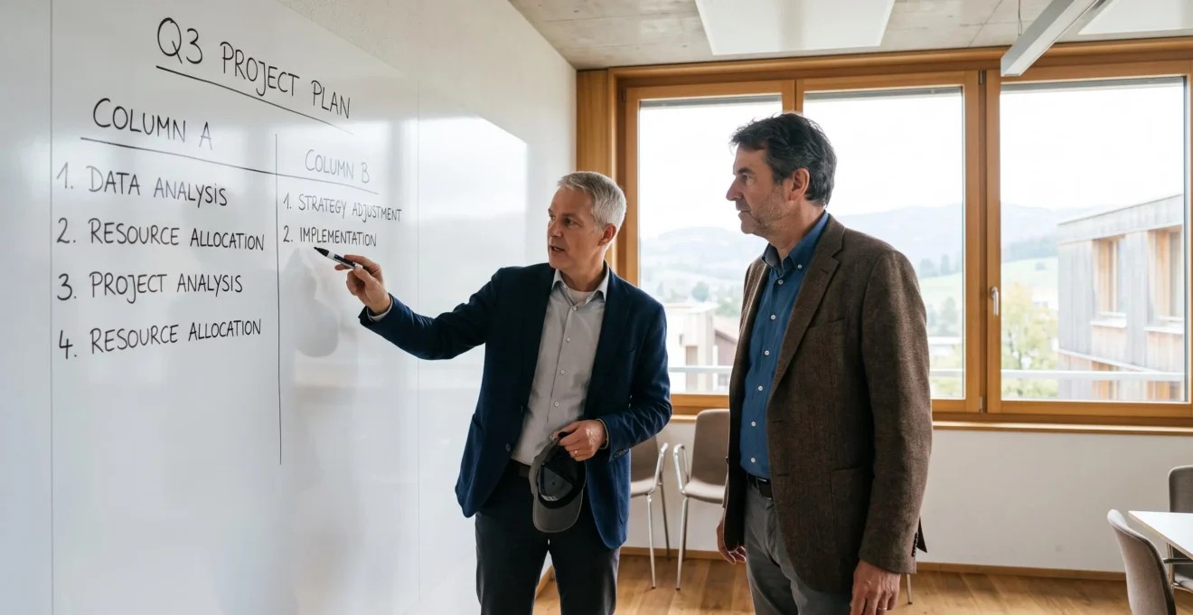 Deux dirigeants comparent un plan à deux colonnes sur un mur dans une salle de réunion.