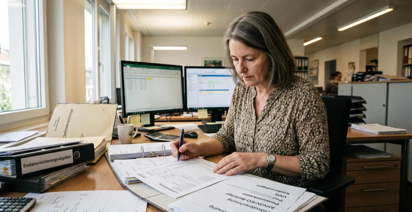 Une gestionnaire de paie vérifie des déclarations d'assurance sociale dans un bureau.